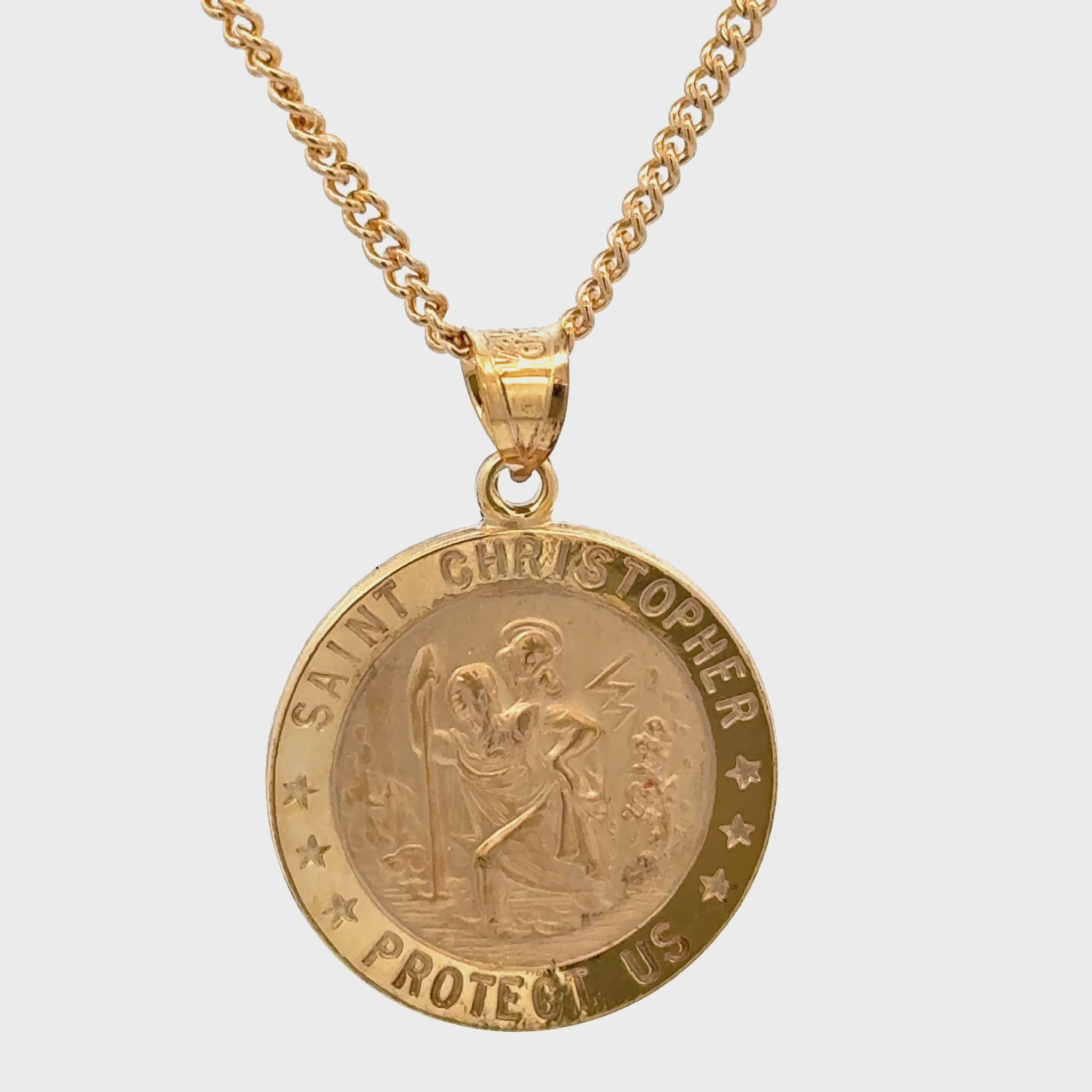 Solid 14K Double Bonded Gold Saint Christopher Medal XL (size of Quarter) L (size of Nickel) M (size of Dime) size on cable chain video