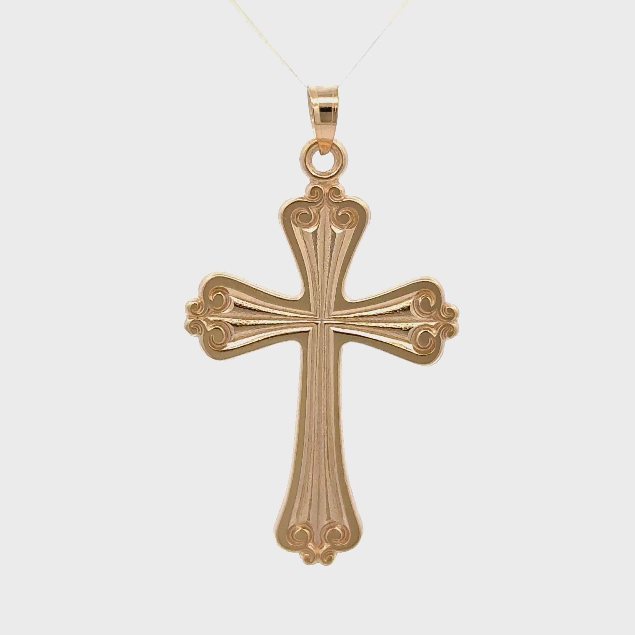 Solid 14K yellow gold cross pendant with flared arms and ornate scroll detailing XXL XL M S video