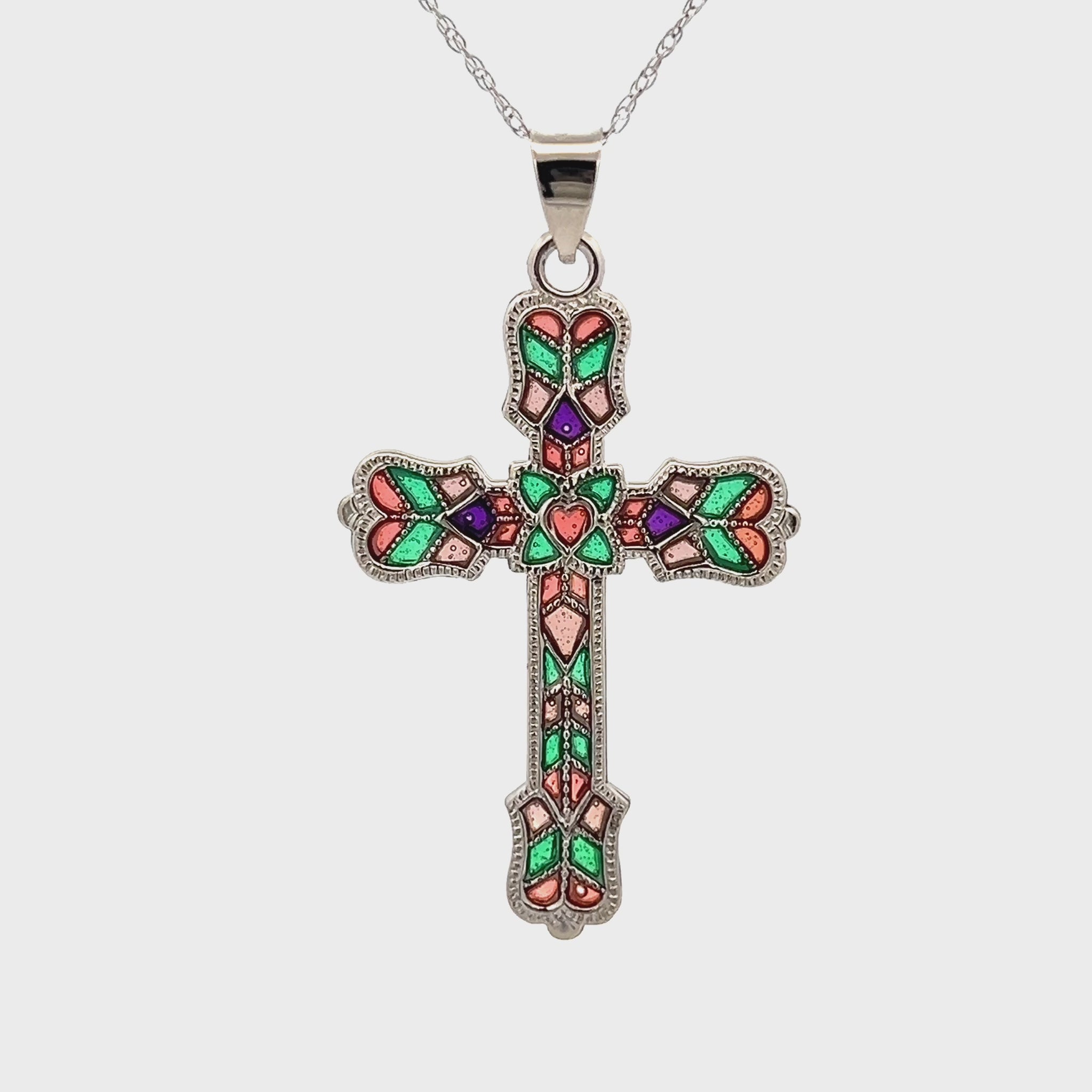 925 Sterling Silver Bright Silver XL Plique a Jour Multicolor Cross Necklace video