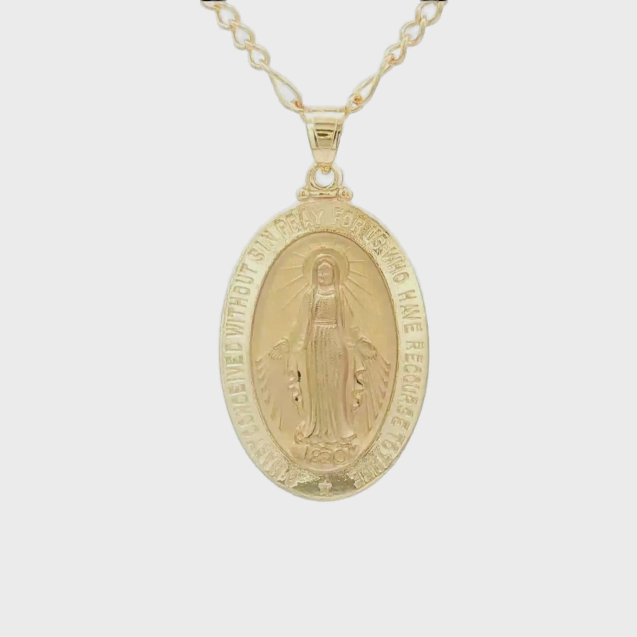 14K Double Bonded Gold Miraculous Virgin Mary oval medal necklace on figaro chain main image S XL Pendant + 22" Figaro Chain video
