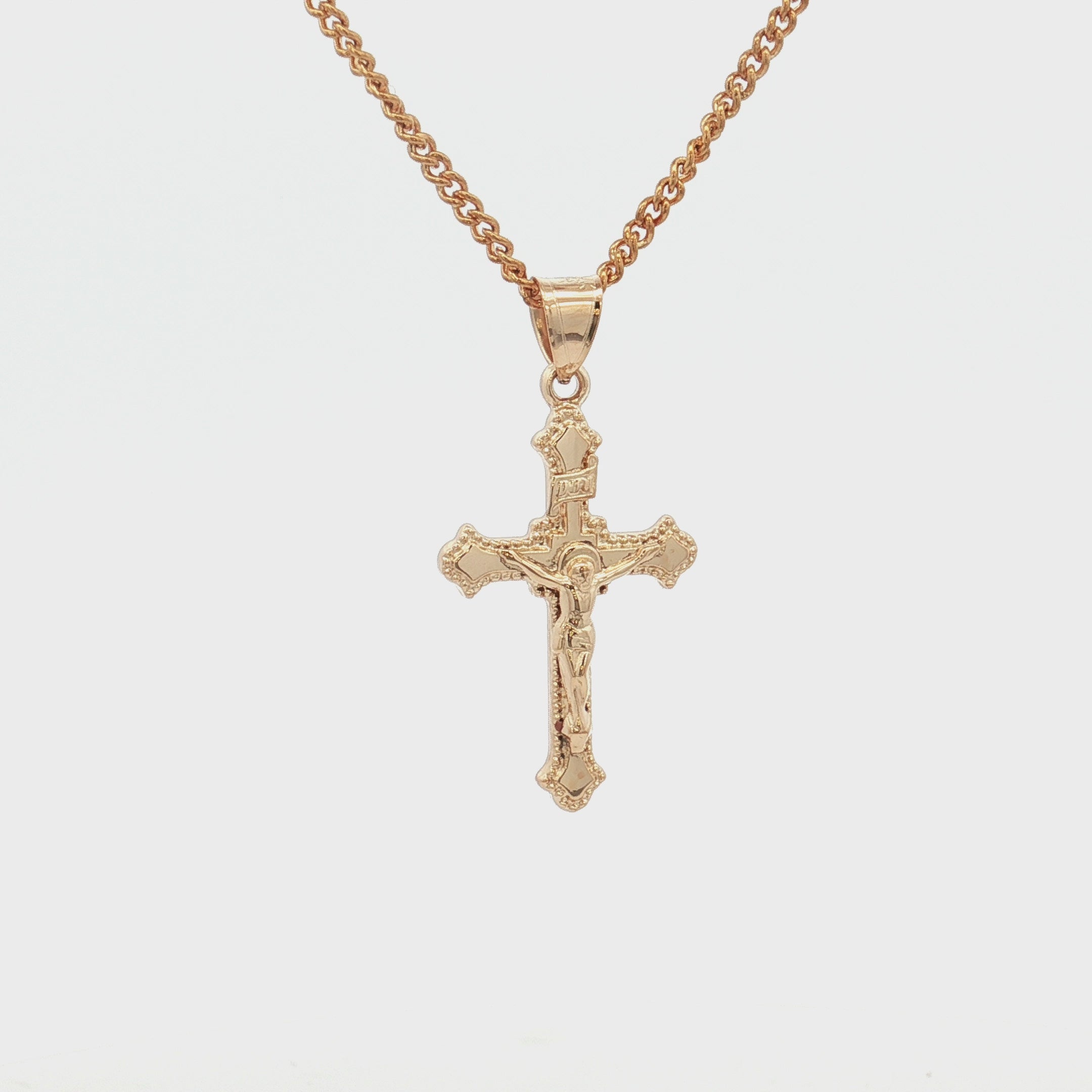 Solid 14K Double Bonded Gold INRI Crucifix M size budded edge cross pendant only video