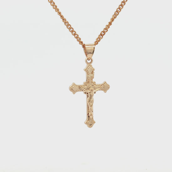 Solid 14K Double Bonded Gold INRI Crucifix M size budded edge cross pendant only video