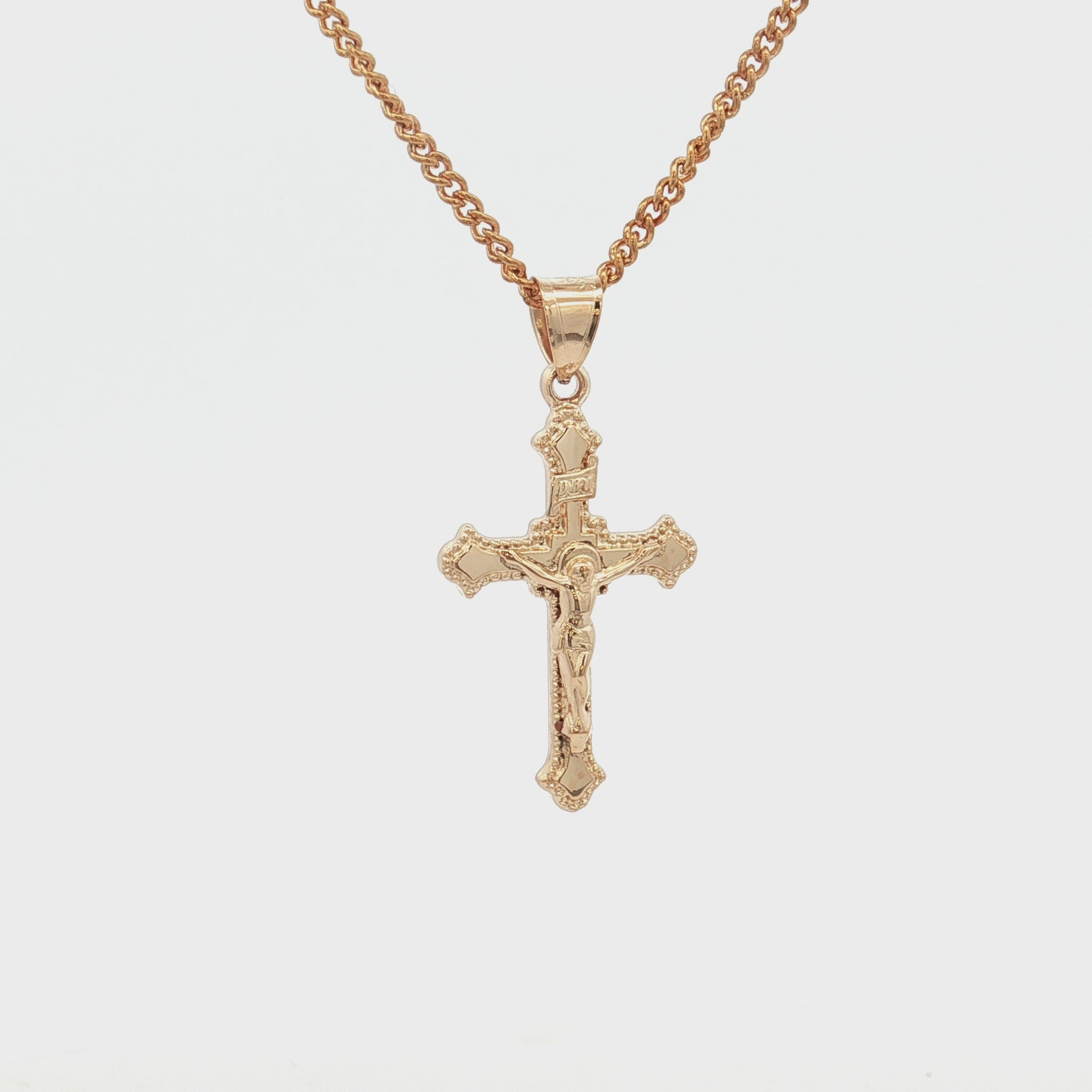 Solid 14K Double Bonded Gold INRI Crucifix M size budded edge cross pendant only video