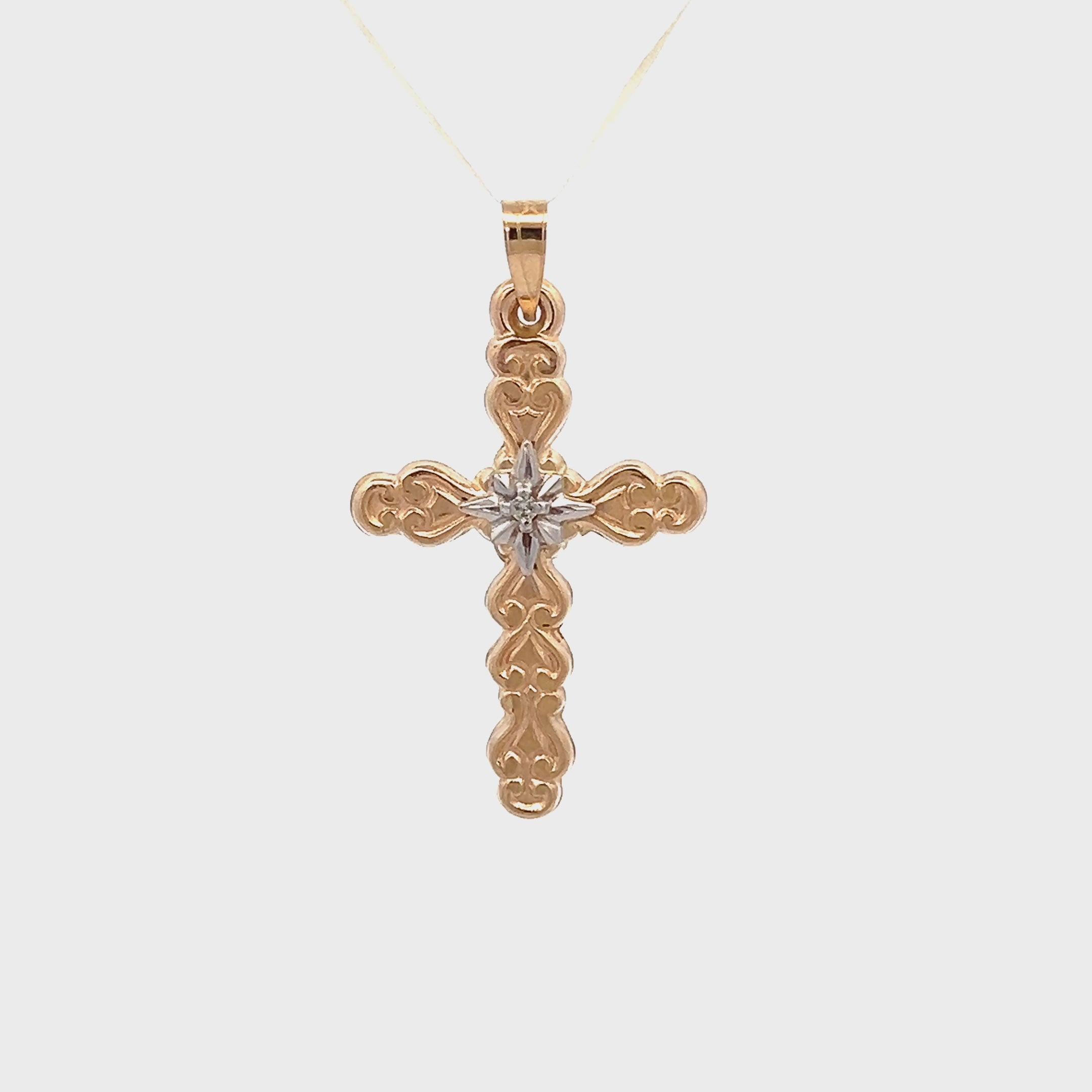 14K Yellow Gold Star Diamond Cross Pendant Necklace M video