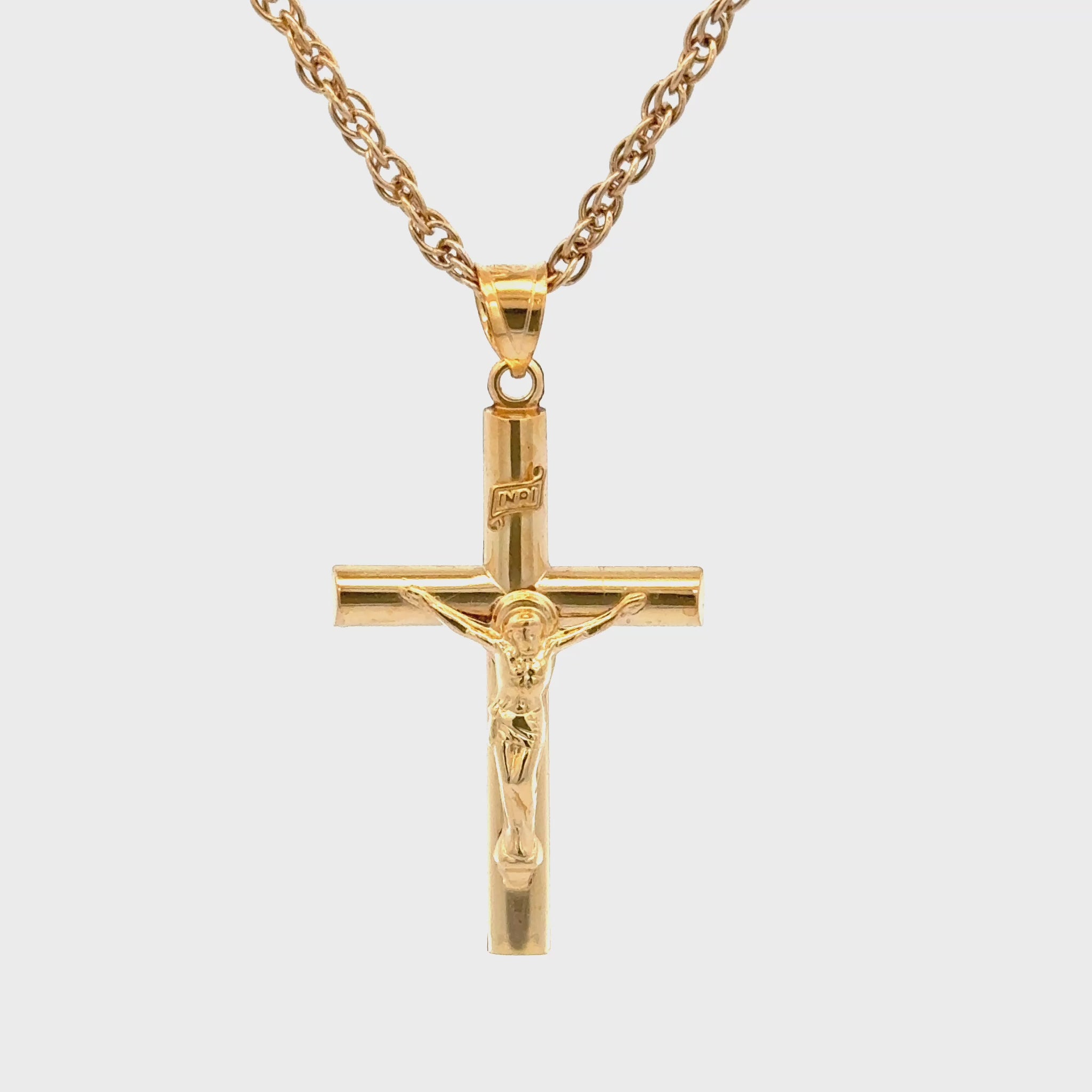 Solid 14K Double Bonded Gold INRI Crucifix pendant on rope chain video
