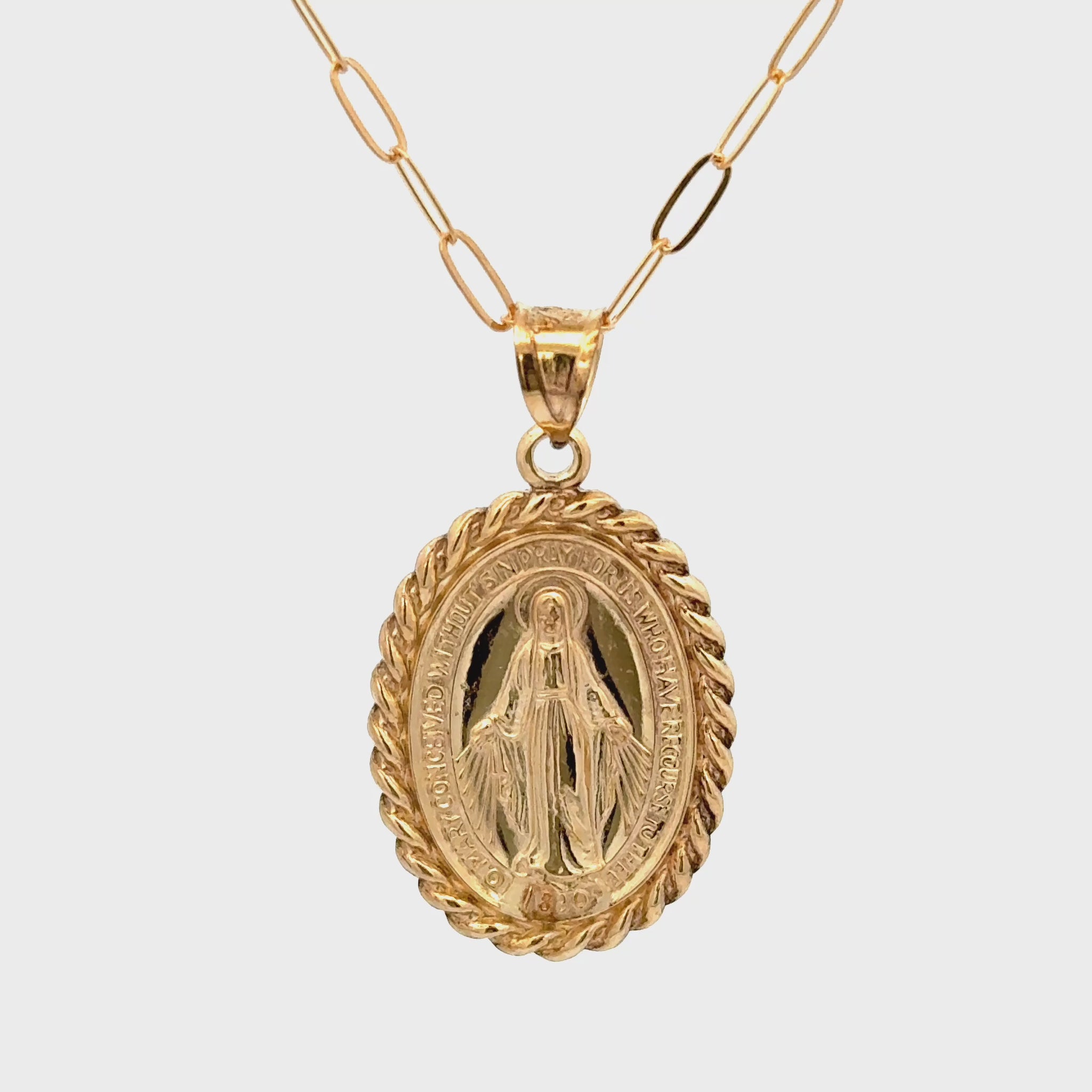 Solid 14K Double Bonded Gold Miraculous Virgin Mary Border medal pendant on paperclip chain video
