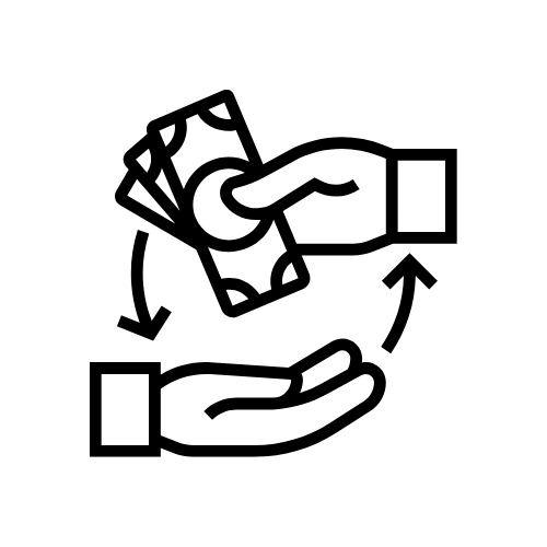 Icon of a hand handing over money to another hand with arrows indicating transfer.