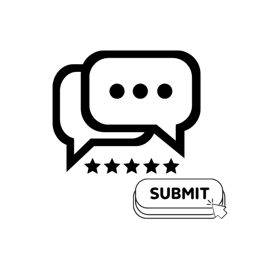 Icon of a speech bubble with five stars and a 'Submit' button on a white background